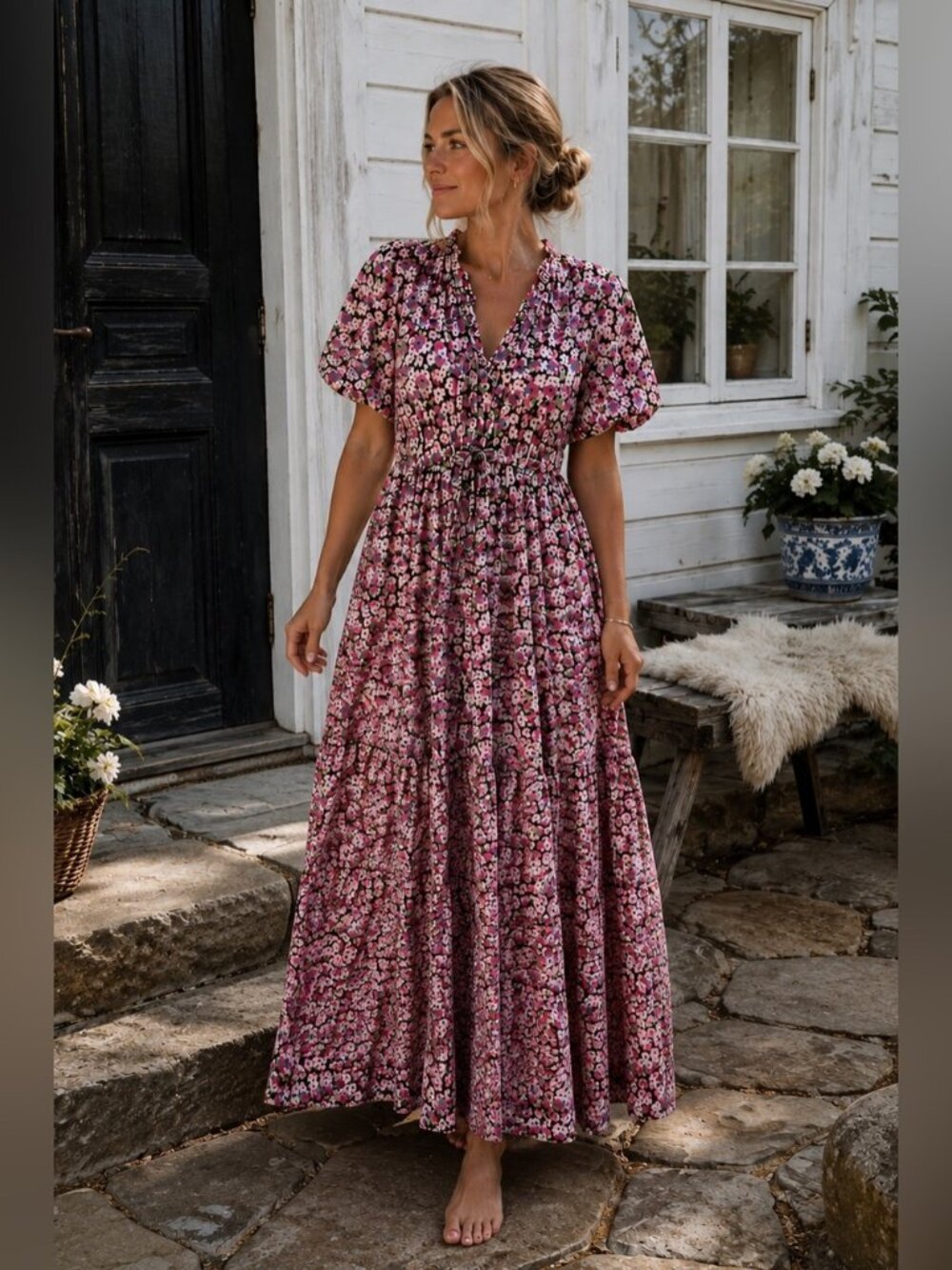 Banjanan Poppy Dress Floral Tiered Ruffled V-Neck Maxi Dress XL Pockets Boho NEW